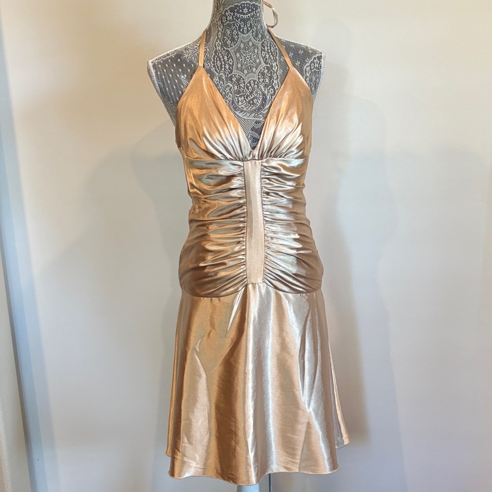 90’s Vintage Jessica McClintock Gold Halter Ruched Dress Marilyn Monroe Vibes